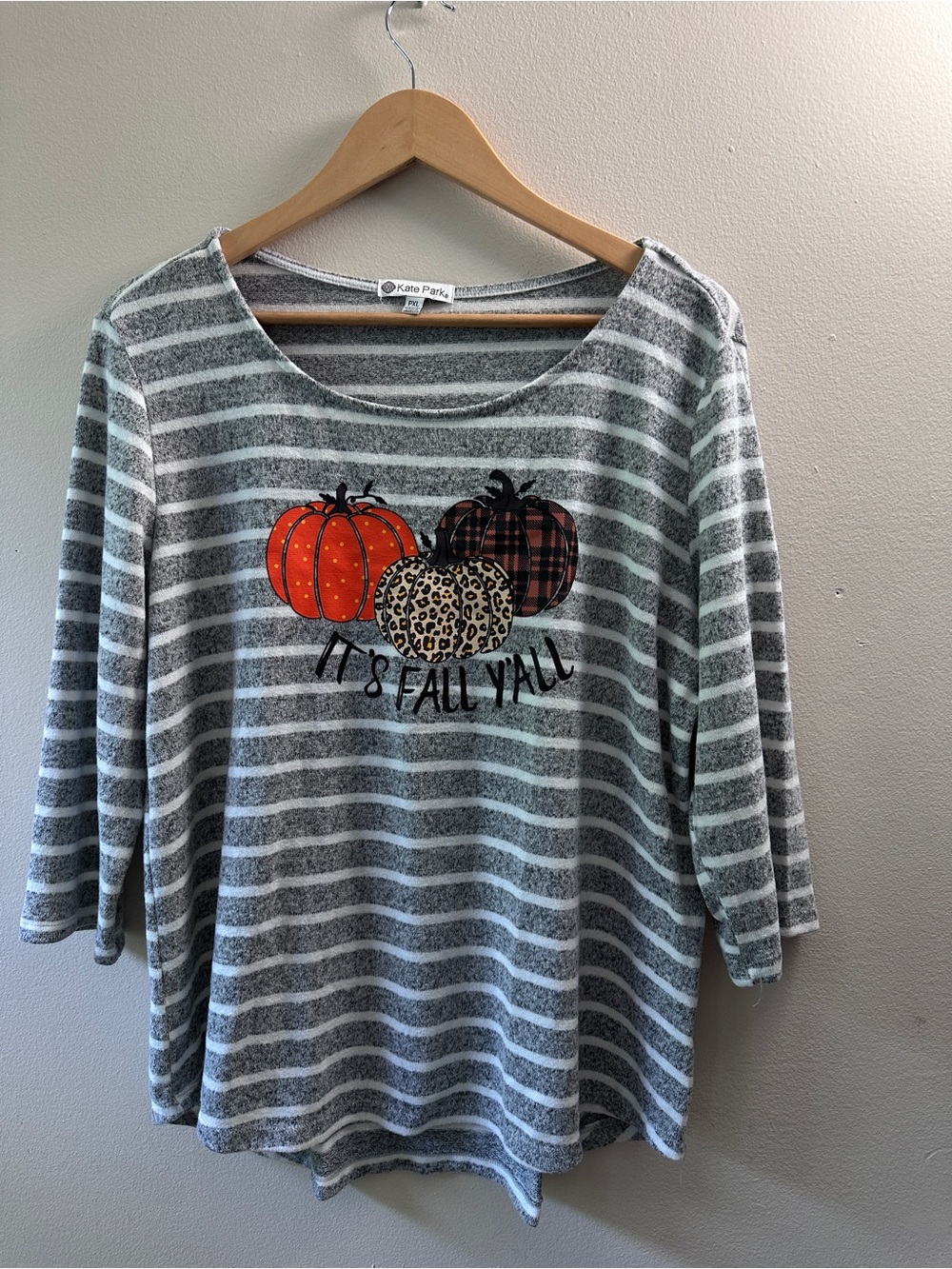 Kate Park Gray Striped It’s Fall Y’all Pumpkin Top 3/4 Sleeve Size PXL